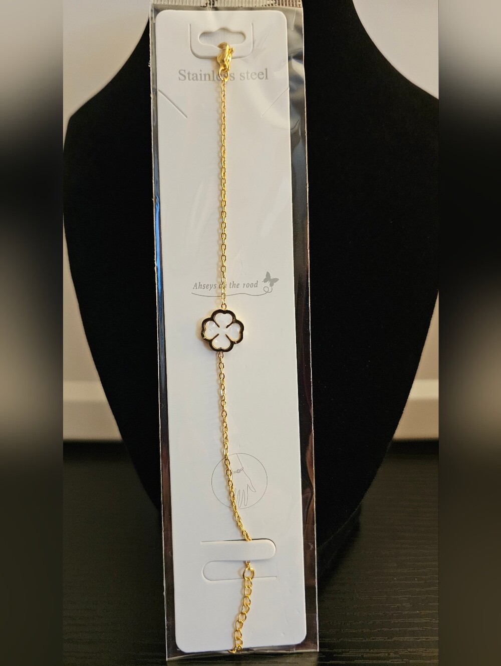 Gold Stainless Steel Clover Bracelet with White Inlay